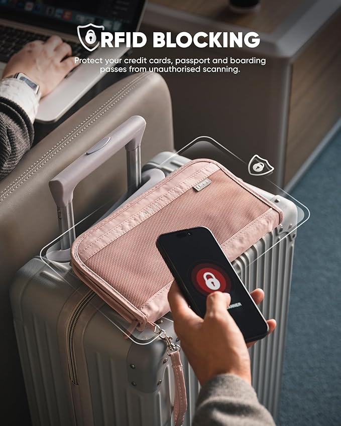 VULKIT Passport Wallet Passport Family Holder RFID Blocking Travel Card Organizer with Wrist Strap for Men or Women(Pink)