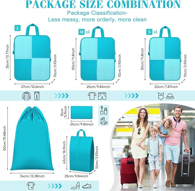 8 Set Compression Packing Cubes for Travel, Expandable Waterproof Travel Organizer, Lightweight Luggage Organizer with Shoes & Laundry Bags, Travel Accessories for Men Women, Turquoise