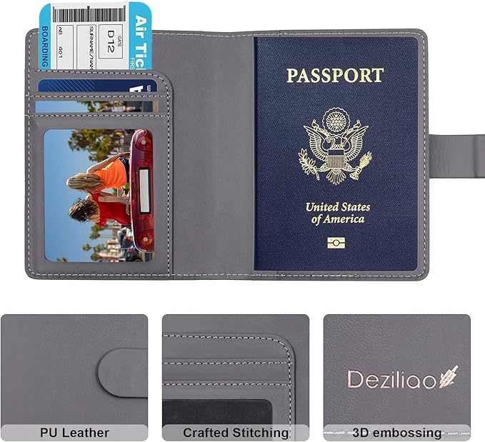 Deziliao Passport Wallet, Gray, Unisex, Faux Leather, Waterproof, Slim, Lightweight, RFID Blocking, 2-in-1 Design, with Document Slots, Credit Card Slots, SIM Card Slots