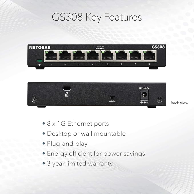 NETGEAR 8-Port Gigabit Ethernet Unmanaged Essentials Switch (GS308) - Home Network Hub, Office Ethernet Splitter, Plug-and-Play, Silent Operation, Desktop or Wall Mount
