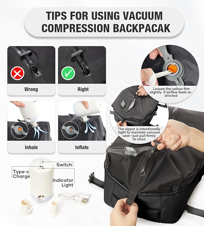 VECAVE Vacuum Backpack Travel with Pump for Women, Personal Item Carry on Backpacks Flight Approved for Men,Laptop Waterproof Work Compression bags Casual Daypack Black