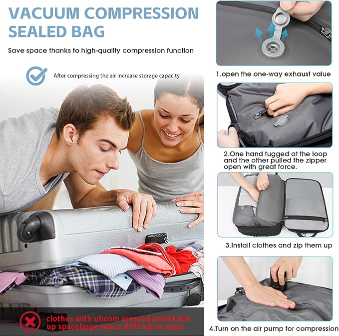 Vacuum Compression Backpack for Travel, 47L Expandable Airback Backpack with Pump, 17 inch Laptop Backpack Luggage Flight Approved with Vacuum Compression System