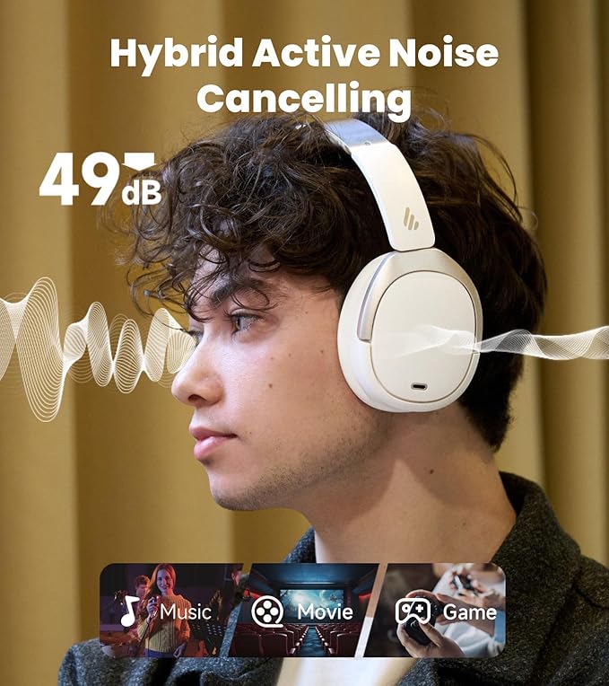 Edifier W80 Over Ear Headphones with -49dB Active Noise Cancelling, LDAC Hi-Res Wired & Wireless, AI Clear Call, Fast Charging, Multipoint Connection, Bluetooth V5.4 - Ivory