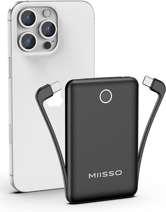 miisso 10000mAh Slim Portable Charger with Built in Cable, Power Bank Travel Charger External Battery Pack for Phone, 3 Output USB Type C Cord Clutch Charger Compatible with iPhone, Black