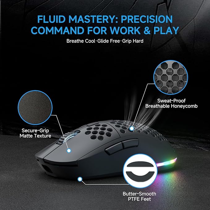 TMKB Falcon M1 Wireless Gaming Mouse, 24000DPI Optical Sensor, 180Hrs Battery, Lightweight, 6 Programmable Buttons, RGB Strip, 2.4G/BT5.2/USB-C Wired for PC/Mac/Laptop - Matte Black