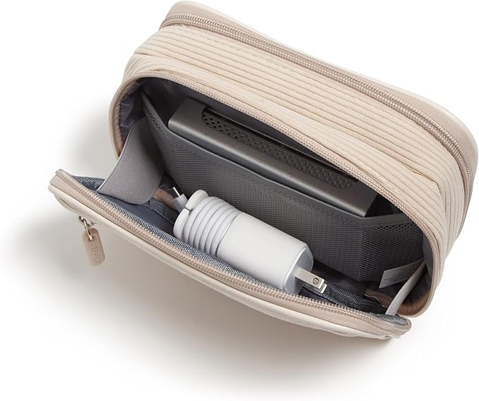 U Brands Dual Zip Corduroy Travel Electronics Organizer, Tech Travel Case, Portable Travel Bag, Cord Storage, 8" x 5.25" x 2.5", Sand Beige