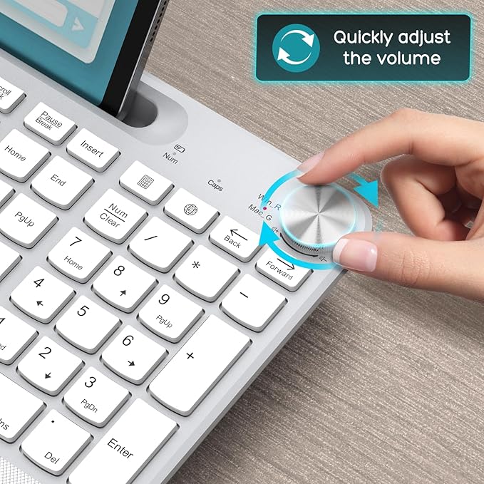 Wireless Keyboard and Mouse - Full-Sized Ergonomic Keyboard with Wrist Rest, Phone Holder, Volume Knob,2.4GHz Silent Cordless Keyboard Mouse Combo for Computer, Laptop, PC, Mac, Windows -White