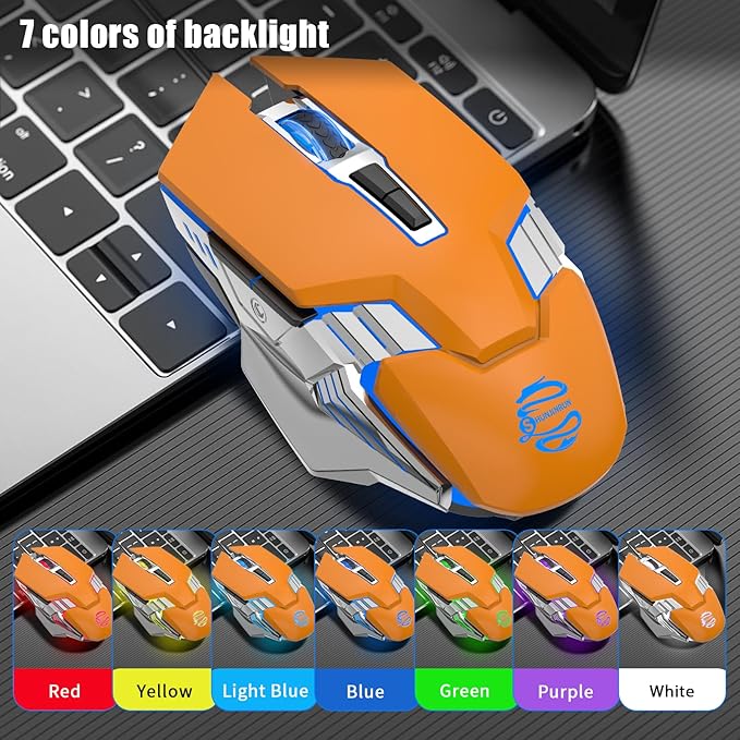 Bluetooth Wireless Gaming Mouse, 2400 DPI, RGB Backlit, Rechargeable Cordless Computer Mouse for Laptop PC Mac Macbook Air/Pro iPad Chromebook Office Gamer - Orange