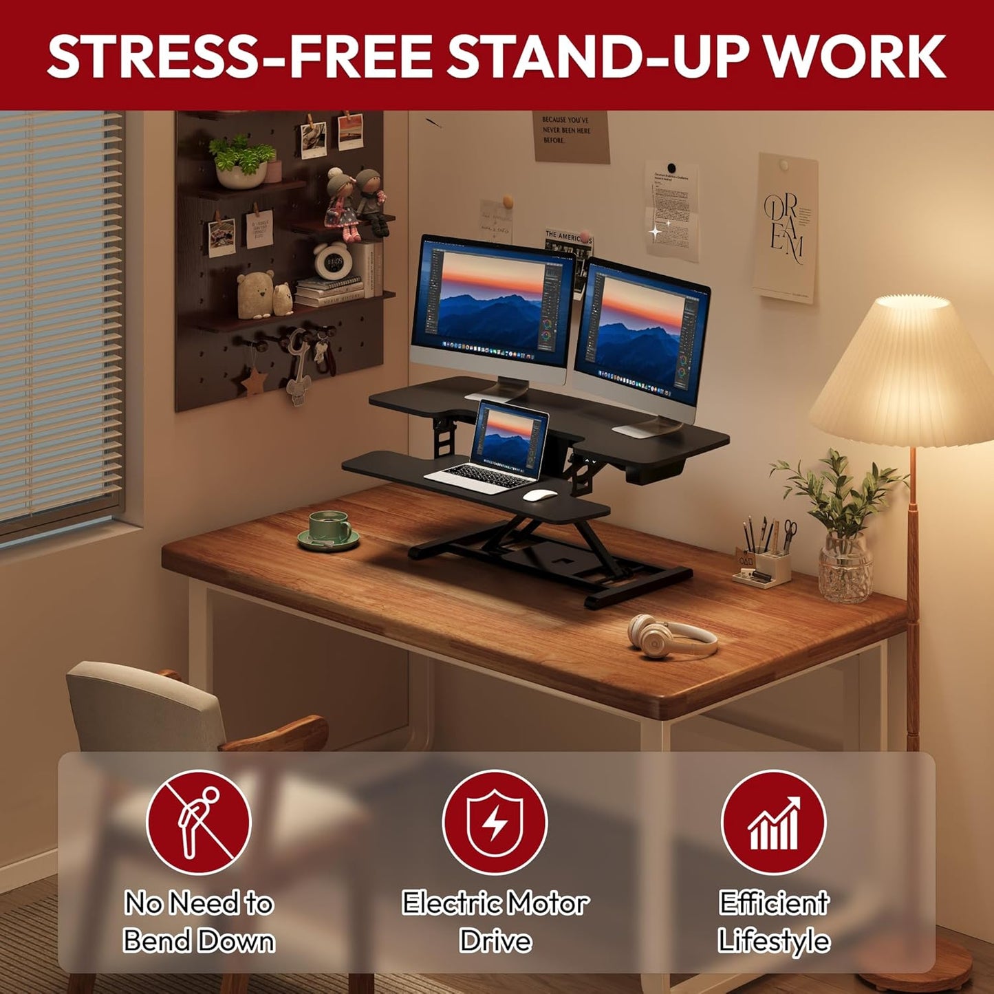 SANODESK 42" Electric Standing Desk Converter, Height Adjustable Riser for Office Home,Dual Monitor and Laptop Workstation with Large Keyboard Tray,Black Color