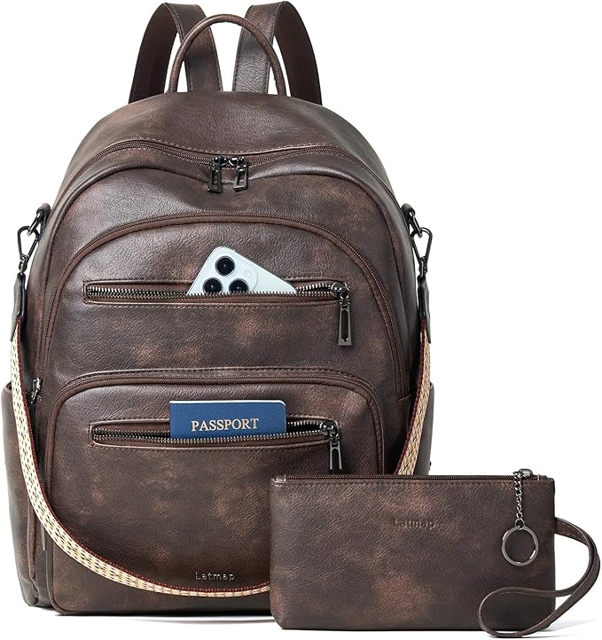Backpack Purse for Women Laptop Backpack, Leather Travel Backpack Shoulder Bag Teacher College Daypack Work Handbag fits 14" Laptop-Coffee