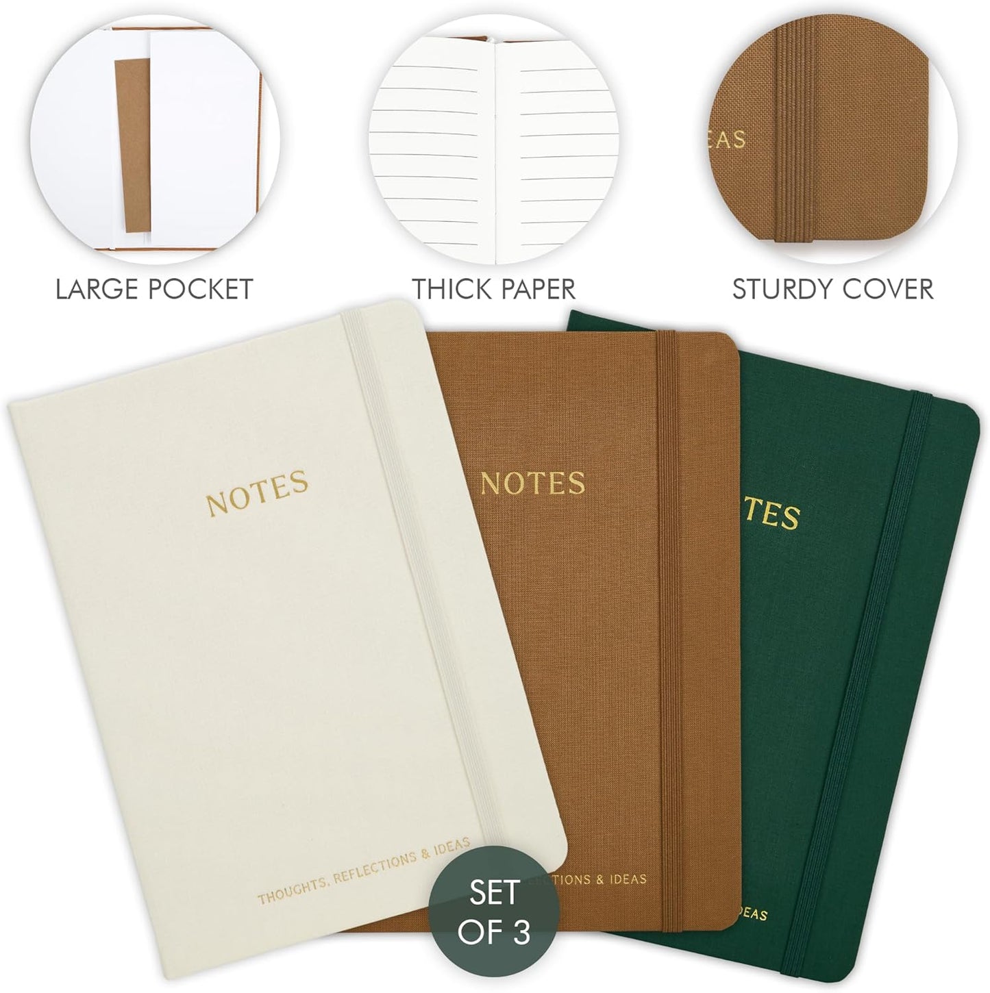ZICOTO Aesthetic Journal Set Of 3 - Premium Linen Cover, College Ruled 8x5.7 Notebooks With Large Pockets - Ideal For Staying Organized At Work Or School
