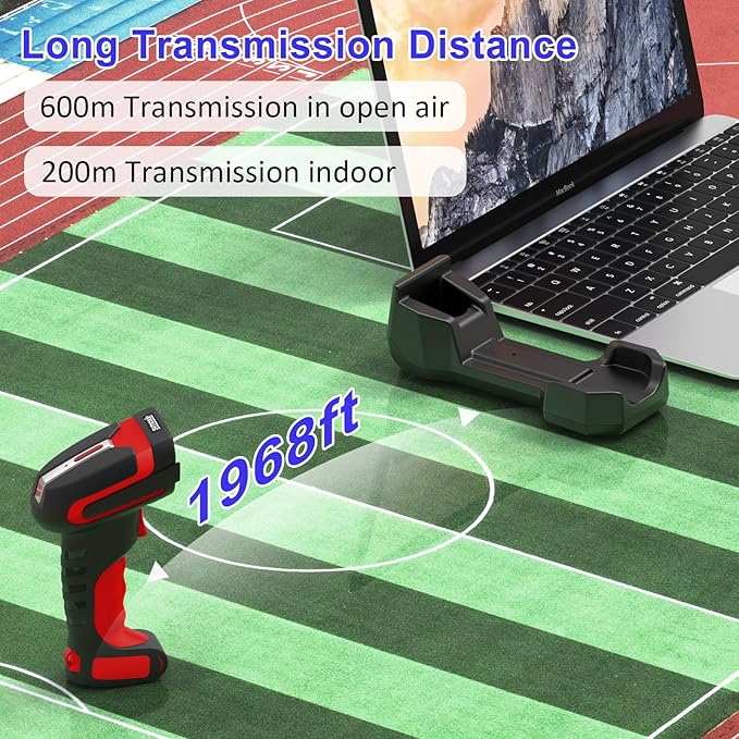 Industrial 2D Bluetooth Barcode Scanner with Charging Base,Bluetooth & 433MHz Wireless 2-in-1 1968ft Transmission Distance,Auto-scanning Available,Support on DPM Code