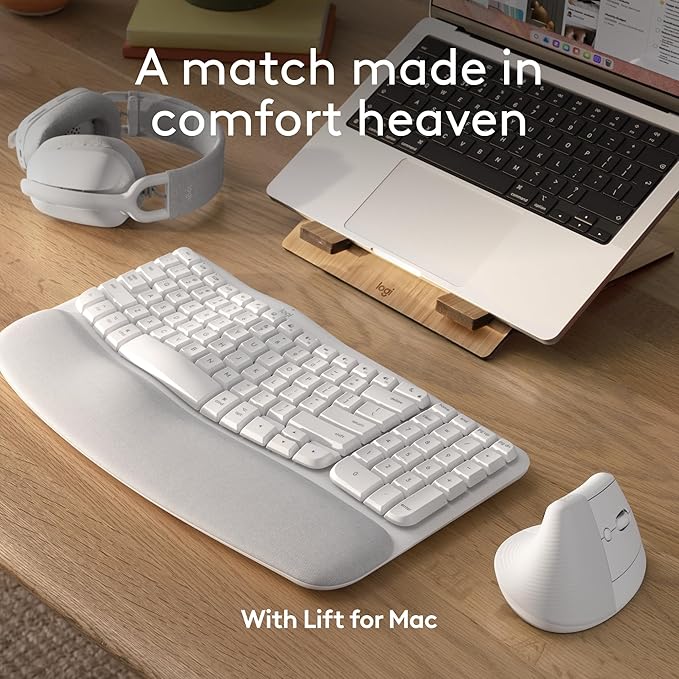 Logitech Wave Keys for Mac, Wireless Ergonomic Keyboard with Cushioned Palm Rest, Comfortable Natural Typing, Bluetooth Keyboard, Easy-Switch, Optimized for Mac, Apple, iPad - Off White