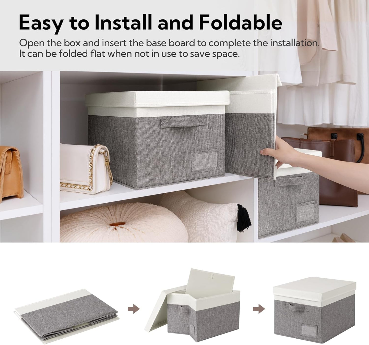 GRANNY SAYS Storage Bins with Lids, Linen Closet Storage Boxes, Collapsibe Storage Bins for Clothes, Storage Containers with Label Holder, 3-Pack, Gray&Ivory