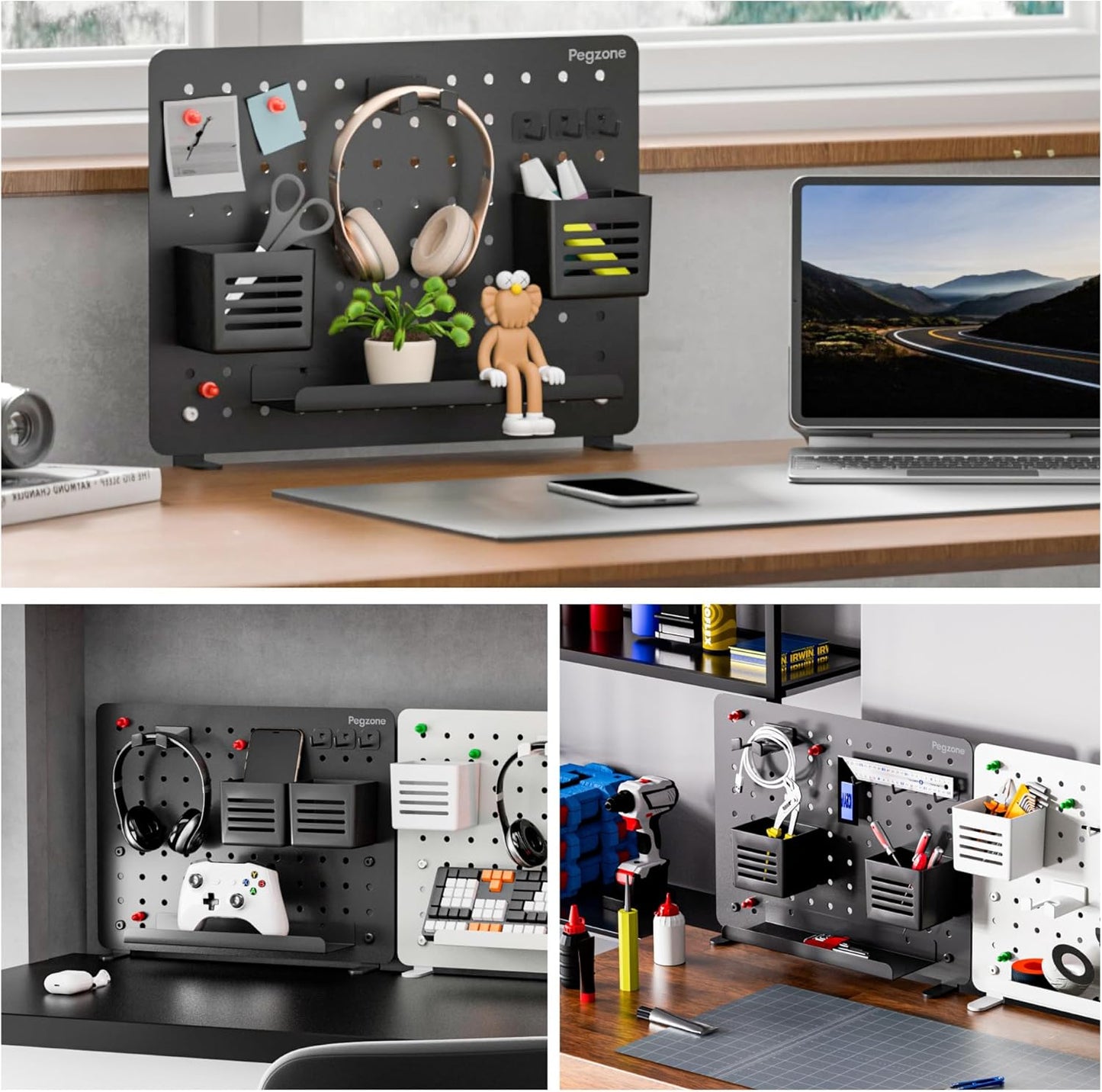 Clamp-on Desk Pegboard, Desk Organizer for Office Gaming Home, Magnetic Metal Peg Board with 10 Accessories, Privacy Panel for Office, 16.5" x 12.6", Medium, Black