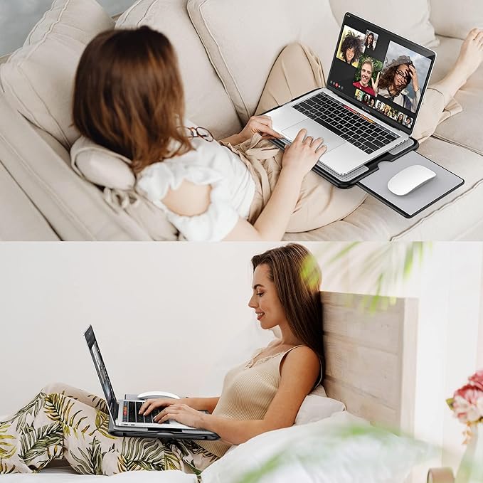 AboveTEK Portable Laptop Lap Desk w/Retractable Left/Right Mouse Pad Tray, Non-Slip Heat Shield Tablet Notebook Computer Stand Table w/Sturdy Stable Work Surface for Bed Sofa Couch or Travel