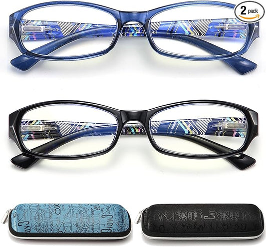 Reading Glasses Women Men Blue Light Blocking - Set of 2 Pattern Design Value Computer Readers (Blue/Black, 1.5)