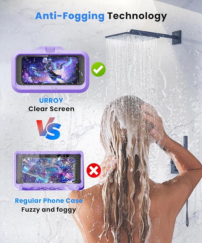 URROY Shower Phone Holder Waterproof One-Touch Open Shower Phone Case Anti-Fog & Sensitive Touchscreen Bathroom Wall Phone Mount Stand Universal Fit for iPhone & Smartphones Gift for Men Women Violet