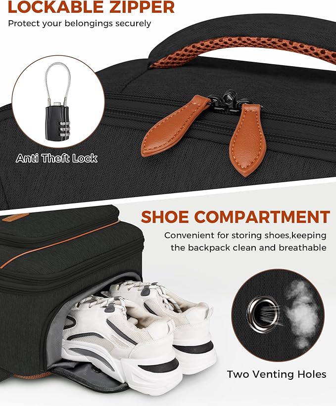 Vancropak 40L Travel Backpack for Women & Men, Large Expandable Carry on Backpack for Airplanes with 3 Packing Cubes, Airline Approved Water Resistant Anti Theft Travel Bag fit 17" Laptop, Black Brown