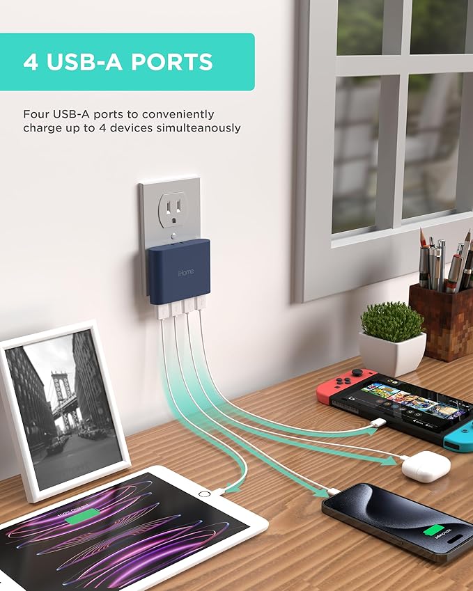 iHome Slim 4-Port USB Wall Charger, AC Pro Multiport Plug Adapter, Phone Charging Block with 4 Ports, Flat USB Wall Adapter for Home & Travel