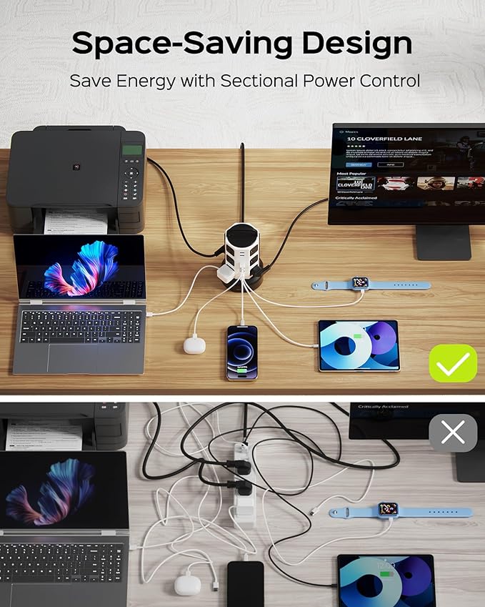 Power Strip Tower Surge Protector, JACKYLED 1625W 13A Outlet Surge Electric Tower, 12 Outlets 6 USB Ports Charging Station with 16AWG 15ft Heavy Duty Extension Cord for Home Office Dorm