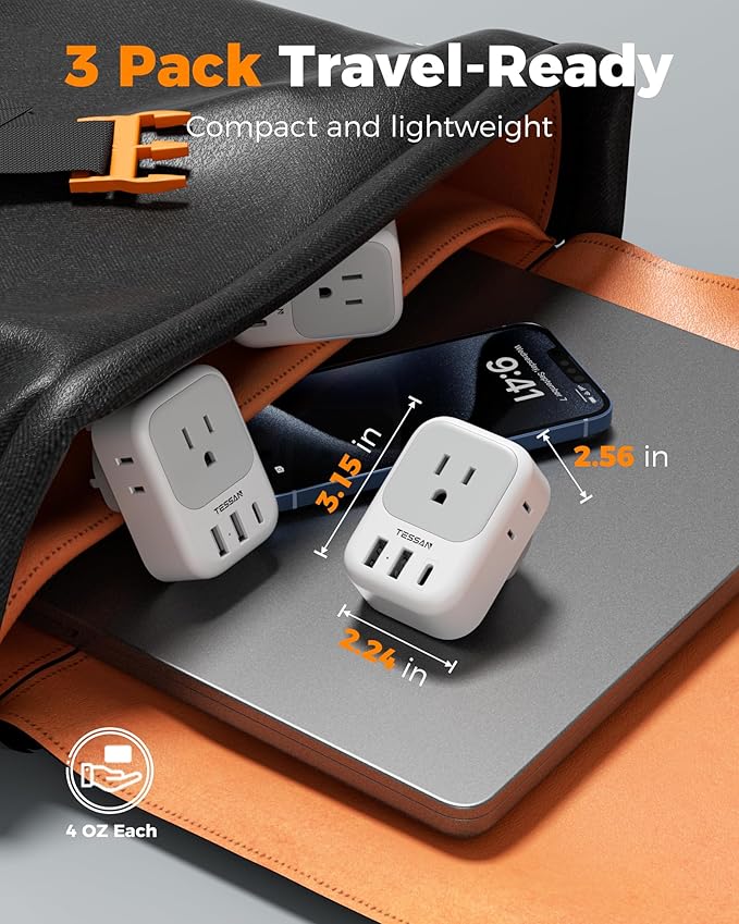 US to UK Plug Adapter 3 Pack, TESSAN Type G Adapter for Travel with 4 Outlets 3 USB Charger(1 USB C), Ireland Power Adaptor for USA to England London Scotland Dubai Singapore Hong Kong Qatar