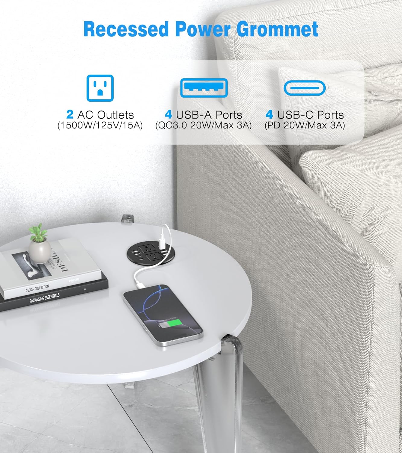 40W Recessed Power Grommet Outlet, 3.15 inch Desk Grommet Power Outlet with 8 USB Ports for Conference Rooms, Office Tables, Furniture, 6FT Cord