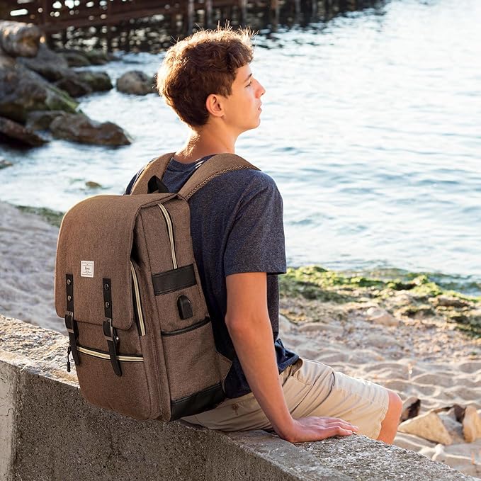 Ronyes Vintage Laptop Backpack for Women Men,15.6 inch Bookbag Casual Daypack with USB Charging Port for College Work, Brown Backpacks