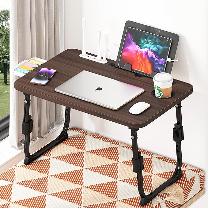Laptop Desk for Bed Height Adjustable, Lap Bed Table with USB/Storage Drawer/Cup Holder/Tablet Stand/Book Shelf, Foldable Breakfast Tray Portable for Reading Writing, Sofa & Floor, Walnut