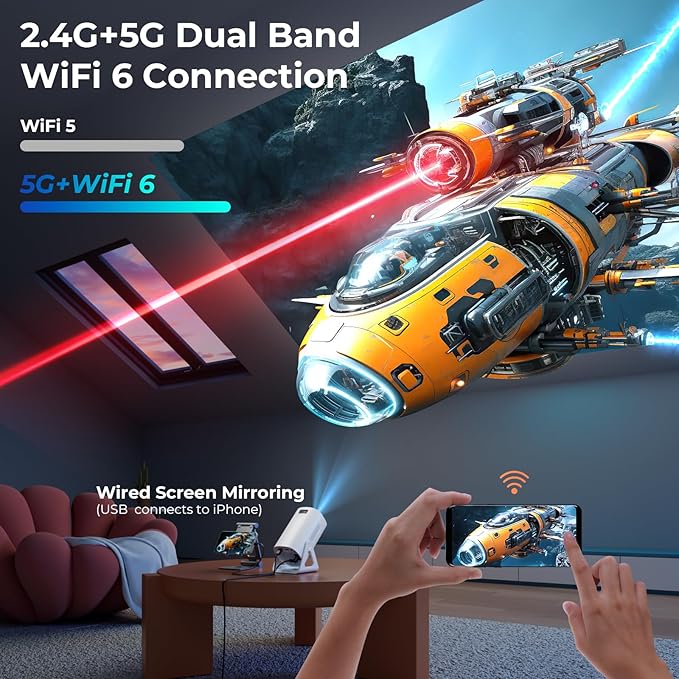 Portable WiFi and Bluetooth Projector - 4K 1080P Supported Mini Movie Projector, 270°Adjustable Stand Outdoor Home Theater Star Projector with Ambient Light for Phone TV Stick Laptop