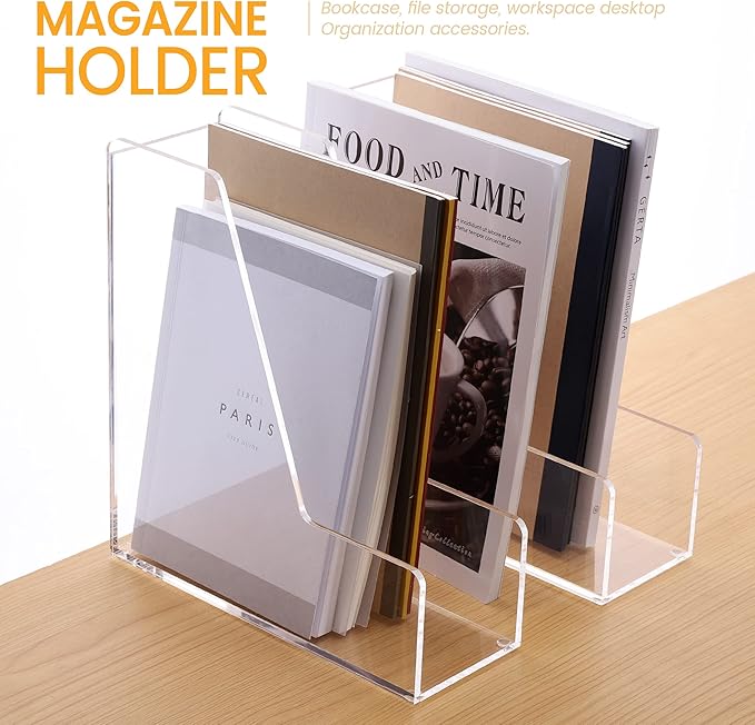 Magazine Holder, Clear Acrylic Desk Organizers, File Organizer for Desk, Magazine Rack- Desktop Book Storage -Independent Vertical 1 Space-2 Pack