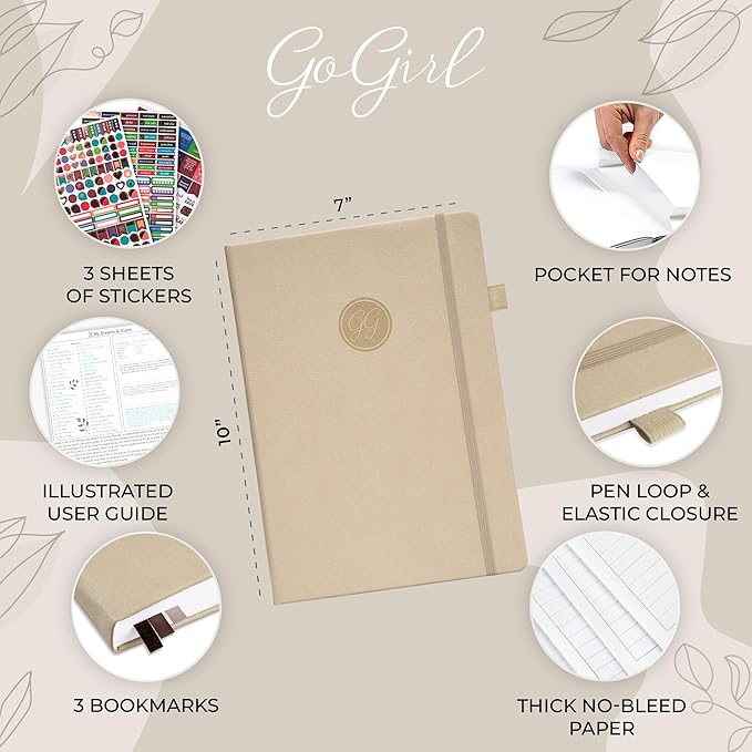 GoGirl Planner PRO Schedule - Undated Planner with Hourly Time Slots, Monthly, Weekly & Daily Organizer, Appointment Book for time Management, 7"x10" Hardcover, Lasts 1 Year - Seashell