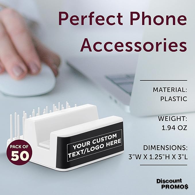 DISCOUNT PROMOS Custom Light Up Logo Phone Stands Set of 50, Personalized Bulk Pack - Essential Smartphone Accessory, Perfect for Office and Home - White