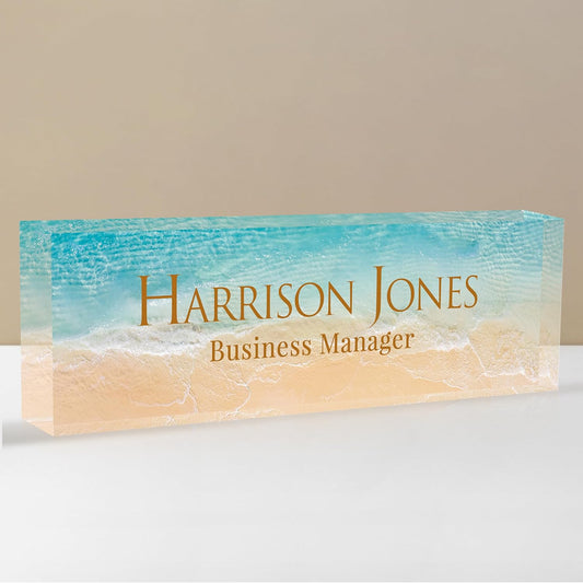 Personalized Name Plate for Desk, Custom Desk Name Plate, Acrylic Name Plate Office Desk Accessories, Personalized Office Gifts for Coworkers Teachers, Employee Appreciation Gifts (B-Beach)