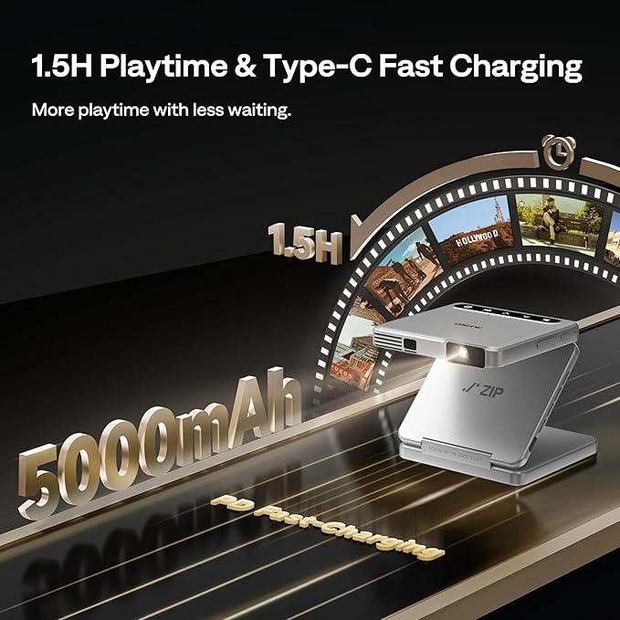 Aurzen ZIP Tri-Fold DLP Portable Mini Projector with Bluetooth 5.4, Screen Mirroring, 5000mAh Battery, Type-C Fast Charging, Zero-Lag Focus&Keystone,720P Pico Projector,Built-in Stand, 20"-125",White