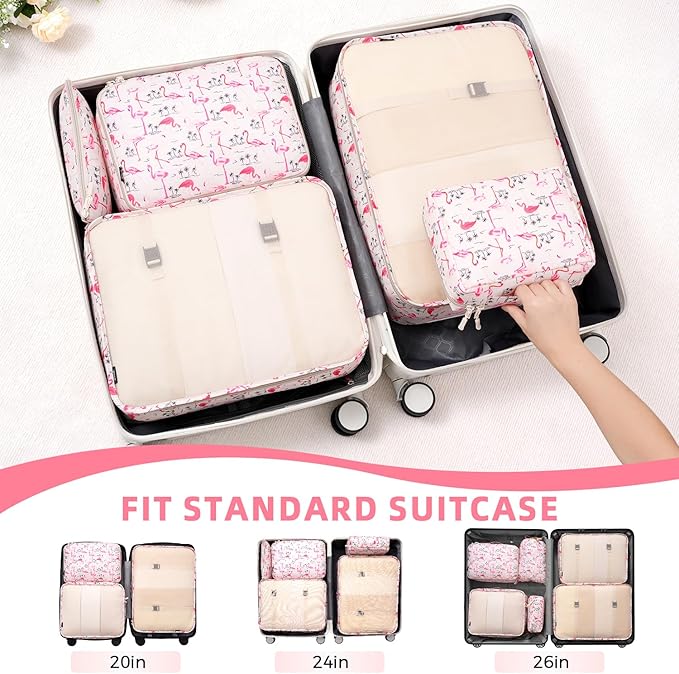 BAGAIL 8 Set Packing Cubes Luggage Packing Organizer Bags for Travel Accessories-Pink Flamingo