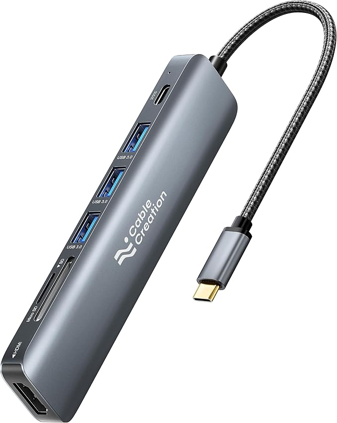 USB C Hub Multiport Adapter, CableCreation 7-in-1 USB C HDMI Hub with 4K 30Hz HDMI, 100W PD, 3 USB 3.0 5Gbps Data Ports, SD/TF Cards Reader for MacBook Pro/Air, iPad Pro, Pixelbook, XPS