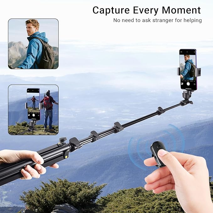 Phone Tripod Stand with Remote Zoom for Video Recording, Vlog Selfie Stick Tripod with Wireless Camera Shutter, Travel Extendable Phone Holder Compatible with iPhone Android Smartphones
