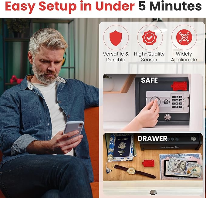 Kinisafe Alert, Wi-Fi Motion Sensor, Real-time SMS, Email, Push Alerts, IFTTT, Gun Safes, Cabinets, Home, Office, Easy Install, No Subscription, Long Lasting Rechargeable Battery