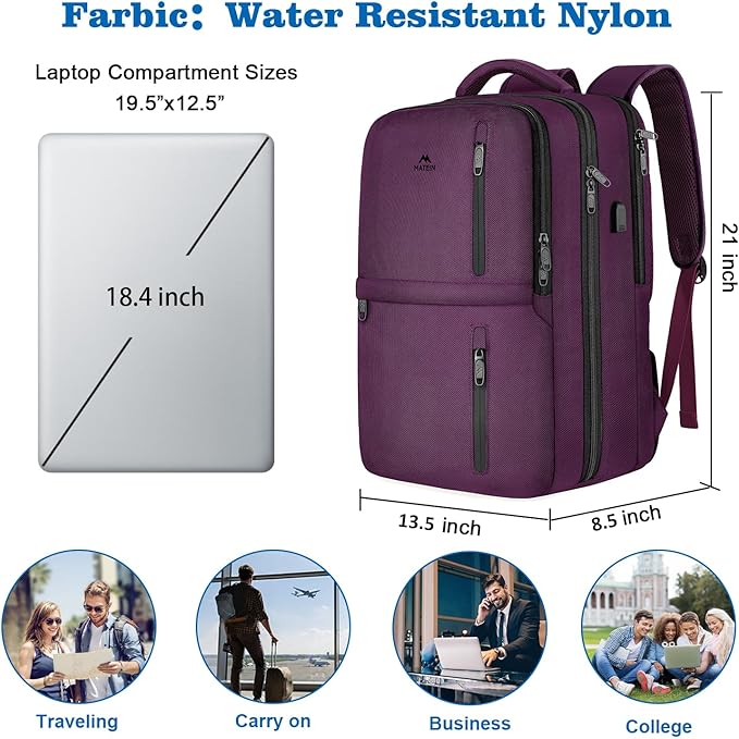 MATEIN Large 45L Travel Backpack for Women, Airline Approved Carry on Backpack with USB Port & Shoe Compartment, Water Resistant Luggage College Overnight Weekender Travel Bag Fit 18" Laptop, Purple