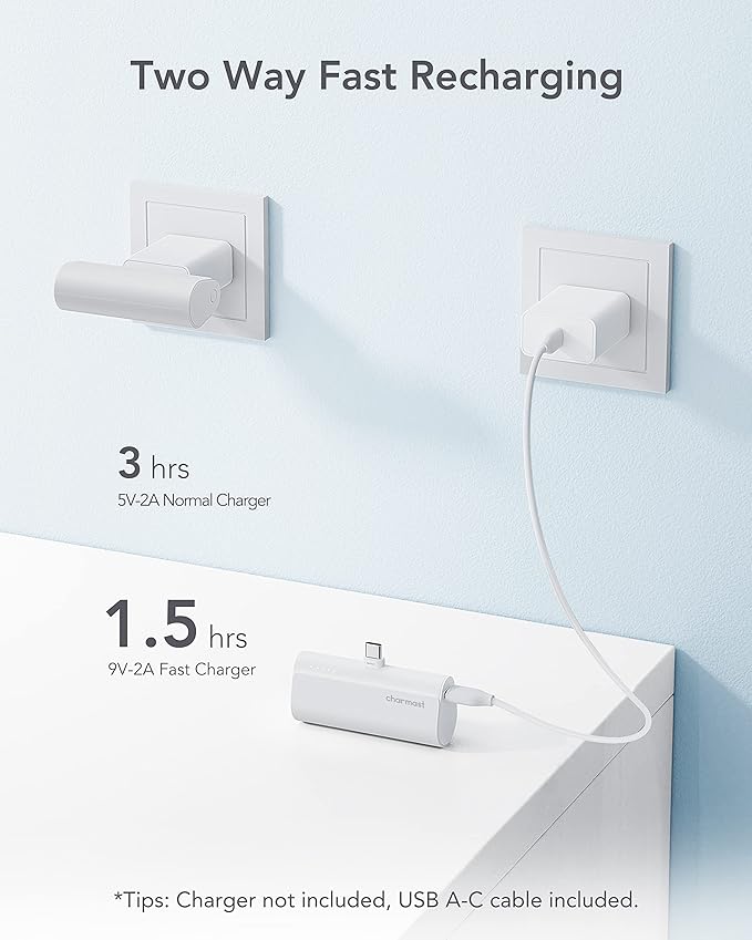 charmast Portable Charger USB C for iPhone 17/16/15, 5000mAh Fast Charging Battery Pack with Built-in Type-C Connector, 20W Mini Power Bank for iPhone 17/16/15 Series, Samsung S22/23 Series, and More