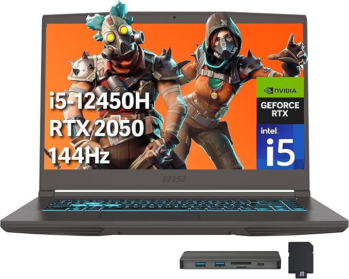 msi Thin 15 15.6" FHD IPS 144Hz Gaming Laptop, Intel i5-12450H, 16GB RAM, 1TB PCIe SSD, NVIDIA GeForce RTX 2050, Backlit Keyboard, WiFi 6, Black, Win 11 Home, 256GB Docking Station Set