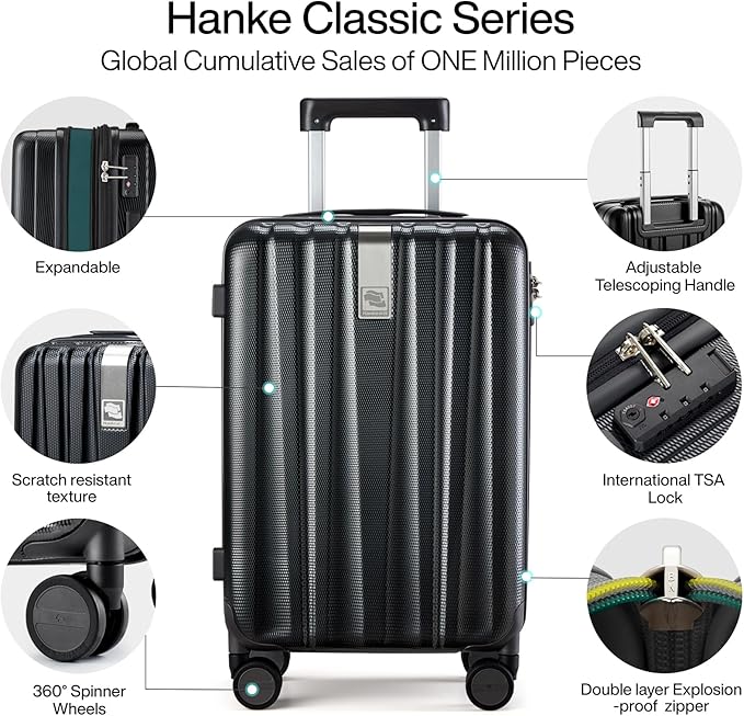 Hanke 29 Inch Expandable Checked Luggage Lightweight PC Hard Shell Luggage Suitcases with Wheels Travel Luggage Rolling Large Suitcase Travel Luggage Bag for Study Abroad.(Jet Black)