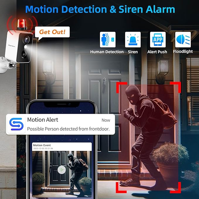 Septekon 2K Security Cameras Wireless Outdoor, Solar Camera for Home Security, Battery Powered Camera with Two Spotlights, PIR Motion Detection Siren, Color Night Vision, 2-Way Audio, IP66, White