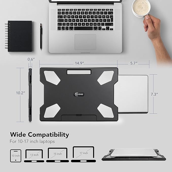 EHO Laptop Lap Desk with Retractable Mouse Pad, Portable Ergonomic Lap Pad with Heat Shield and Foldable Stopper, Lightweight Travel Lapdesk Fits up to 16" Laptops, Bed Sofa or Work Use