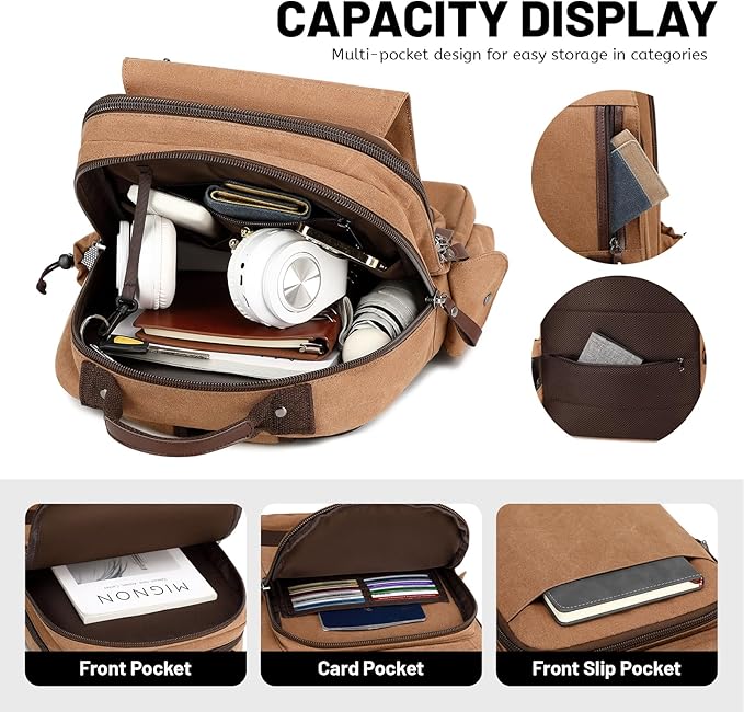 Lanola Water-resistant Canvas Backpack with Anti-Theft Pocket, Daypacks Fits 15.6 Inch Laptop for Men Perfect for Work, Travel, Daily Use (Coffee)