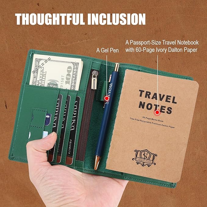 STAR VISTA Phoenix Leather Passport Holder, Calfskin Leather Travel Wallet - RFID Blocking, ID Window, Zipper Pocket, Pen & Notebook Included, AirTag Holder, Mint