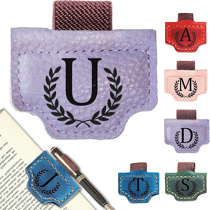 Personalized Bygone Mark Bookmark with Pen Holder, Leather Magnetic Bookmark 26 Letters Name Initial Bookmarks for Readers, Book Lover Gifts for Women Men Notebook Accessories (Purple, U)