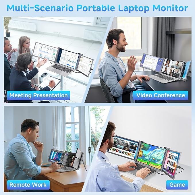 15" Laptop Screen Extender, 1080P FHD IPS Triple Portable Monitor for 15"-17.3" Laptop, Plug & Play Monitor Extender with USB-C/HDMI Port for Mac/Windows/Chrome/Android, Gray