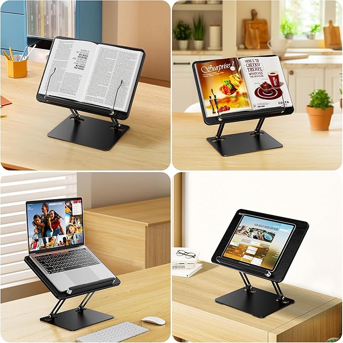 BESIGN BS01 Book Stand for Reading, Adjustable Book Holder, Ergonomic Laptop Stand with Elastic Page Clips for Music Scores, Recipe, Tablet, Laptop (Black)